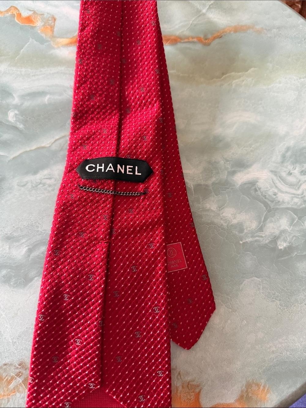 CHANEL Red Silk Tie with Subtle Logo Motif
